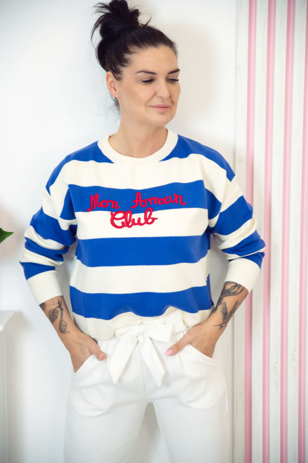 Sweter luźny w paski z napisem MARINA – biało-niebieski 2