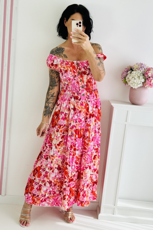 Sukienka maxi z ozdobnymi guzikami - różowa