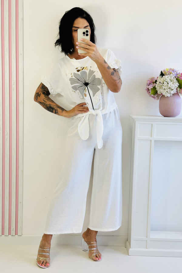 Komplet z bluzką i aplikacją oraz spodniami BELLA - biały