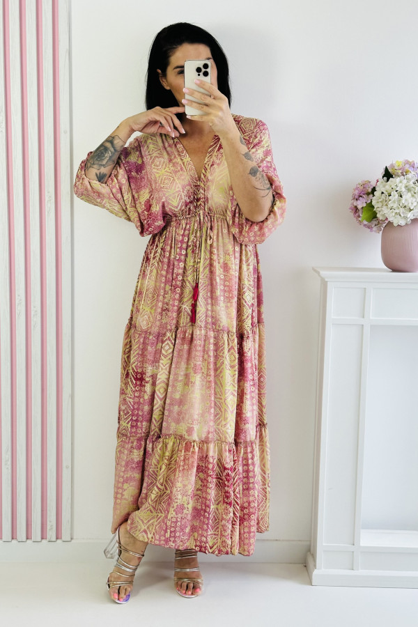 Sukienka z długim rękawem, wiązaniem z tyłu i ściągaczem pod biustem MIĘTA Z POMARAŃCZĄ - jasno różowa